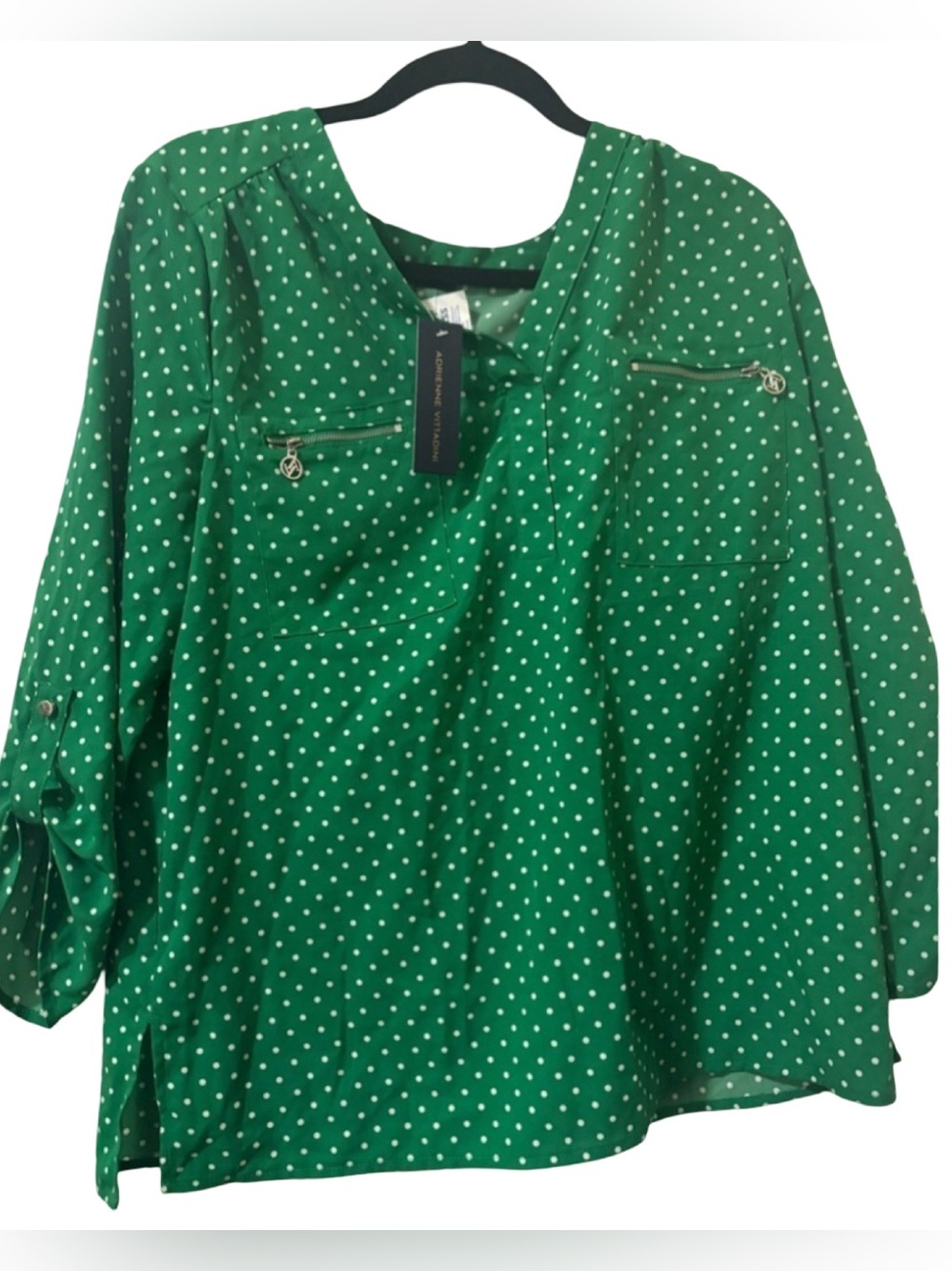 Adrienne Vittadini Green Polka Dot Blouse Women's NWT Long Sleeve Button Top